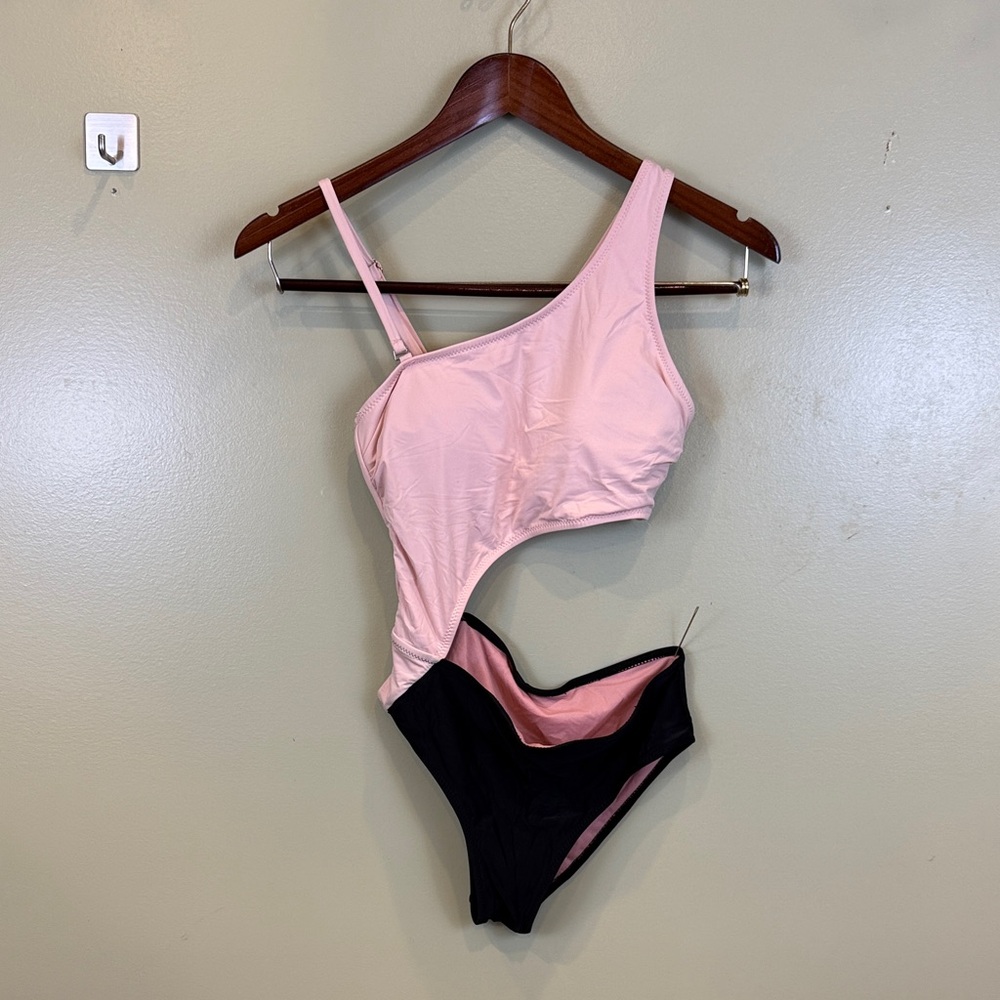 Pink and Black One-Shoulder Swimsuit